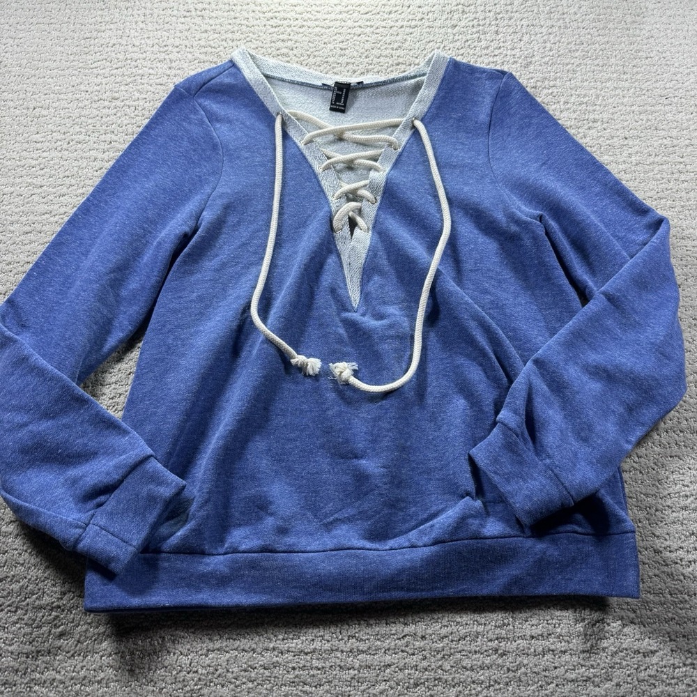 Forever 21 Blue Lace up Vneck Sweatshirt‎ Size Medium